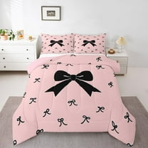 Homewish Ribbon Bow Tie Bedding Comforter Set,Girls Kawaii Bowknot Twin Comforter Sets,Pink Black Bedding Set For Kids,Breathable Home Decor Reversible,2 Pieces