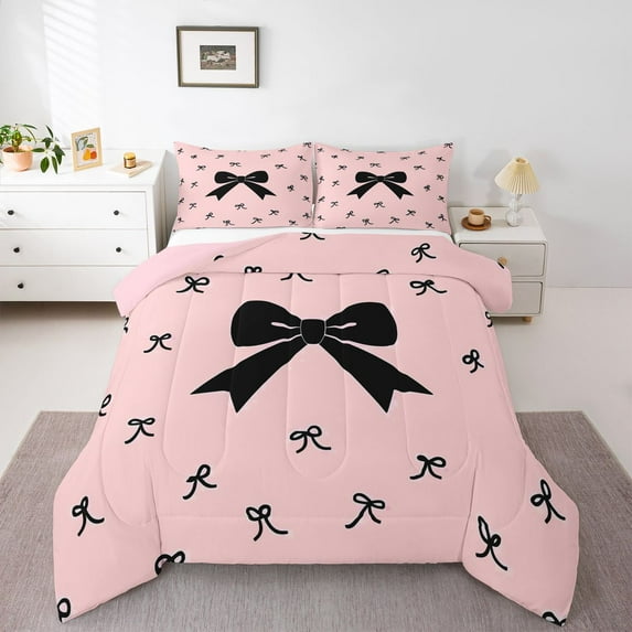 Homewish Ribbon Bow Tie Bedding Comforter Set,Girls Kawaii Bowknot Twin Comforter Sets,Pink Black Bedding Set For Kids,Breathable Home Decor Reversible,2 Pieces