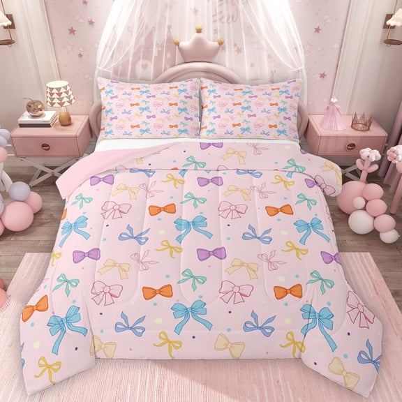 Homewish Ribbon Bow Tie Bedding Comforter Set,Polka Dots Bowknot Twin Comforter Sets,Pink Blue Orange Bedding Set For Teens,Luxury Bedroom Decor Reversible,2 Pieces