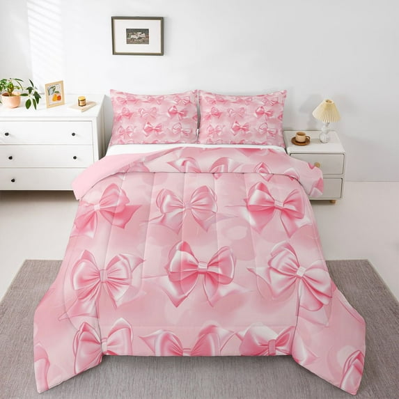 Homewish Ribbon Bow Tie Queen Comforter Set,Girls Kawaii Bowknot Bedding Sets,Dreamy Pink Bedding Comforter Set For Kids,Breathable Home Decor Reversible,3 Pieces