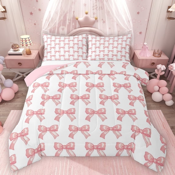 Homewish Ribbon Bow Tie Queen Comforter Set,Kawaii Bowknot Bedding Sets,Pink White Bedding Comforter Set For Teens,Luxury Bedroom Decor Reversible,3pcs