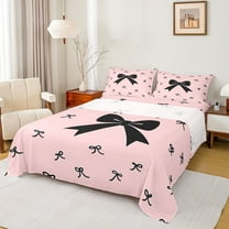 Homewish Ribbon Bow Tie Twin Sheet Sets,Girls Kawaii Bowknot Twin Fitted Sheet,Pink Black Flat Sheet For Kids,Breathable Home Decor,3 Pieces