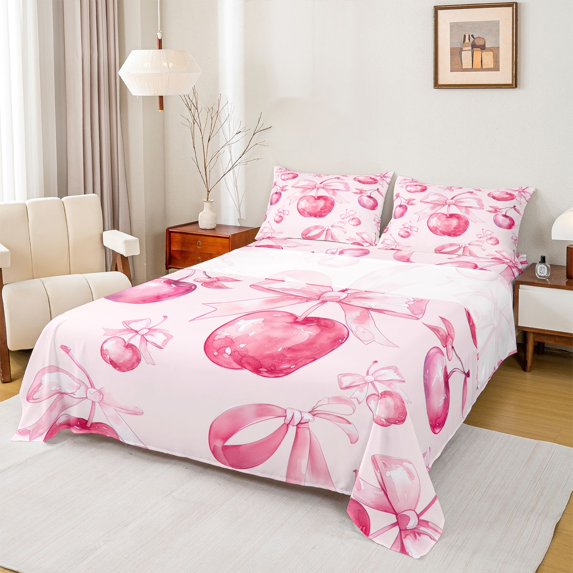 Homewish Ribbon Bow Tie Twin Sheet Sets,Sweet Apple Twin Fitted Sheet,Pink Bowtie Bowknot Flat Sheet For Girl Teens,Luxury Bedroom Decor,3-Piece