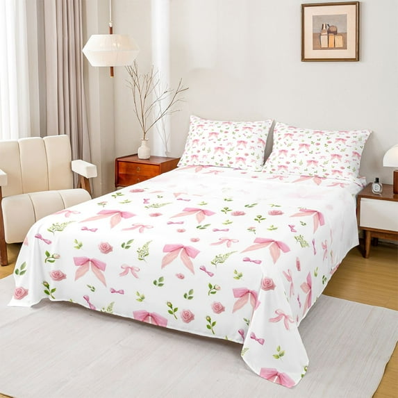 Homewish Ribbon Bowtie Bowknot Twin Sheet Sets,Cute Flower Floral Twin Fitted Sheet,Pink White Green Flat Sheet For Girls,Ultra Soft Home Decor,3 Pieces