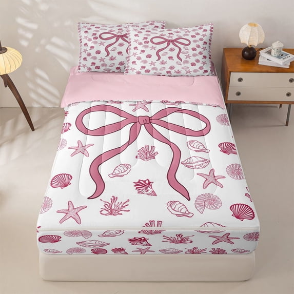 Homewish Ribbon Bowtie Zipper Twin Comforter Sets with Fitted Sheet and 2 Pillowcases,Cute Ocean Seashell Starfish Zipper Bedding Set For Girls Kids,Pink Reversible,4 Pieces