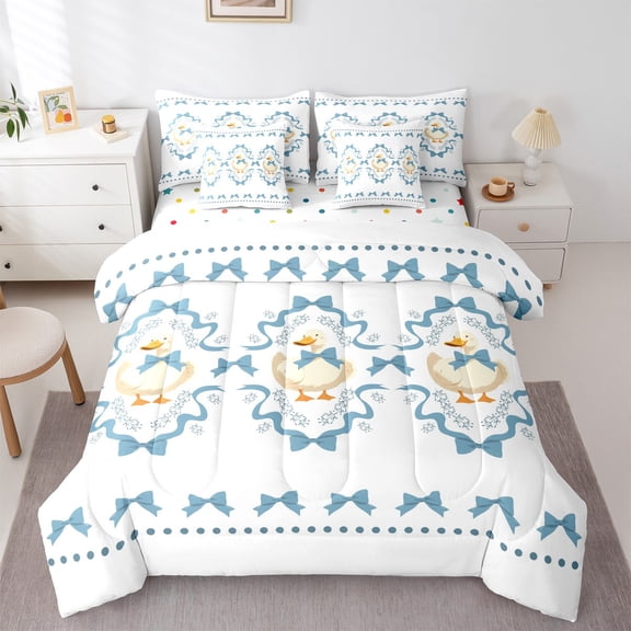 Homewish Ribbon Duck Child Twin Bedding Sets 7-Piece, Kawaii Cartoon Goose Bedding Comforter Set, Fairy Tale Princess Bowknot Reversible Sheet Sets, Luxury Bedroom Decor