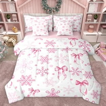 Homewish Ribbow Bow Tie 7-Piece Twin Bedding Sets,Cute Snowfalke Bedding Comforter Set,Pink White Sheet Sets For Girls Kids,Ultra Soft Home Decor Reversible