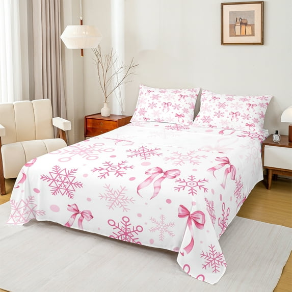 Homewish Ribbow Bow Tie Twin Sheet Sets,Cute Snowfalke Twin Fitted Sheet,Pink White Flat Sheet For Girls Kids,Ultra Soft Home Decor,3pcs