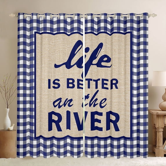 Homewish River House Blackout Curtains Set of 2 (52x84 Each) for Boys Girls,Retro Vintage Cabin Window Curtains,Blue Plaid Grid Curtains and Drapes,Ultra Soft Home Decor