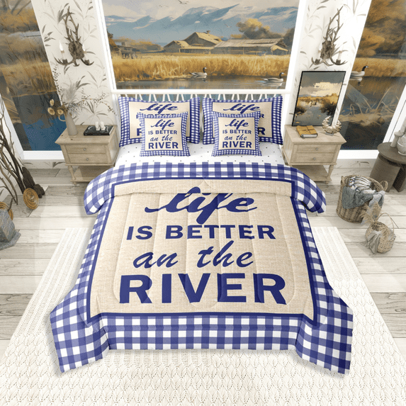 Homewish River House Twin Bedding Sets 7-Piece for Boys Girls,Retro Vintage Cabin Bedding Comforter Set Microfiber,Blue Plaid Grid Breathable Sheet Sets,Ultra Soft Home Decor,Reversible