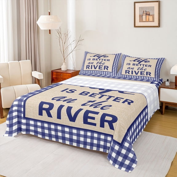 Homewish River House Twin Sheet Sets 3pcs for Boys Girls,Retro Vintage Cabin Twin Fitted Sheet Microfiber,Blue Plaid Grid Breathable Flat Sheet,Ultra Soft Home Decor