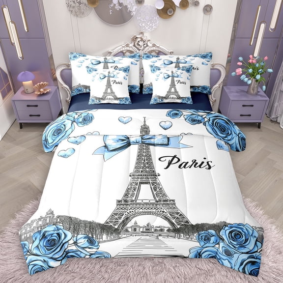 Homewish Romance Paris 7-Piece Bedding Comforter Set,Eiffel Tower King Bedding Sets,Blue White Bed Sheets For Girls Kids,Microfiber Bedroom Decor Reversible