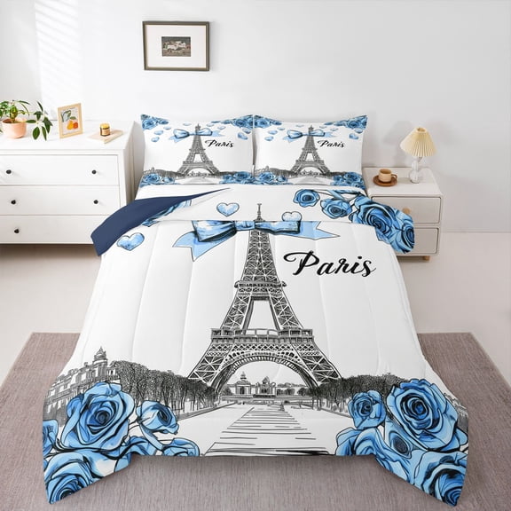 Homewish Romance Paris Bedding Comforter Set,Eiffel Tower Twin Comforter Sets,Blue White Bedding Set For Girls Kids,Microfiber Bedroom Decor Reversible,2 Pieces