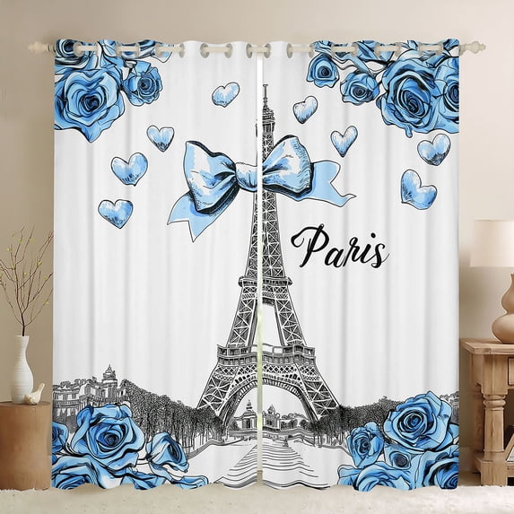 Homewish Romance Paris Curtains Pack of 2 (42x84 Each),Eiffel Tower Curtains Blackout,Blue White Bedroom Curtains For Girls Kids,Microfiber Bedroom Decor