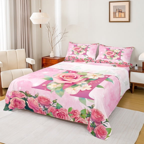 Homewish Romantic Anniversary Rose Bed Sheets, Pink Initial M Letter King Sheets, Teens Kids Girls Women Sheet Set, Microfiber Bedroom Decor, 4pcs