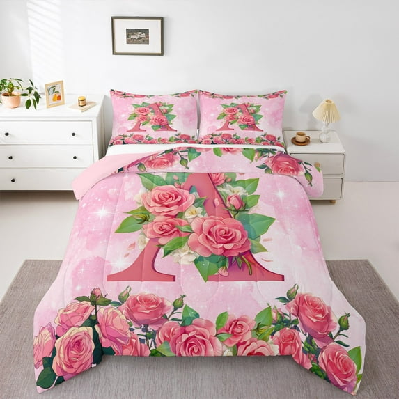 Homewish Romantic Anniversary Rose Bedding Comforter Set, Pink Initial A Letter Twin Comforter Sets, Teens Kids Girls Women Reversible Bedding Set, Microfiber Bedroom Decor, 2pcs