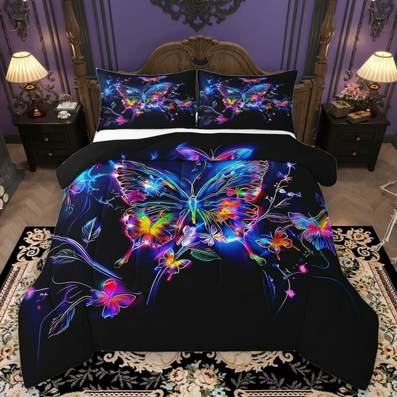 Homewish Romantic Bling Butterfly Bedding Comforter Set, Plant Botanical Twin Comforter Sets, Teens Kids Girls Women Reversible Bedding Set, Super Cozy Room Decor, 2-Piece