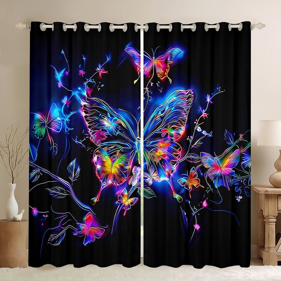 Homewish Romantic Bling Butterfly Curtains Pack of 2 (42x84 Each), Plant Botanical Curtains Blackout, Teens Kids Girls Women Bedroom Curtains, Living Room Curtains Decor