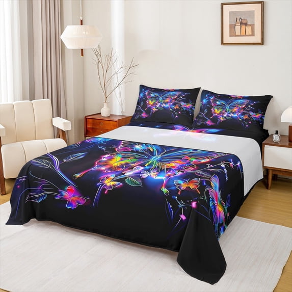 Homewish Romantic Bling Butterfly Full Size Sheets, Plant Botanical Bed Sheets, Teens Kids Girls Women Sheet Sets, Super Cozy Room Decor, 4-Piece