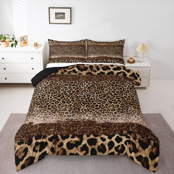 Homewish Romantic Bling Fashion Full Size Comforter Sets, Brown Glitter Leopard Print Bedding Comforter Set, Teens Kids Girls Women Reversible Bedding Sets, Super Cozy Room Decor, 3 Pieces
