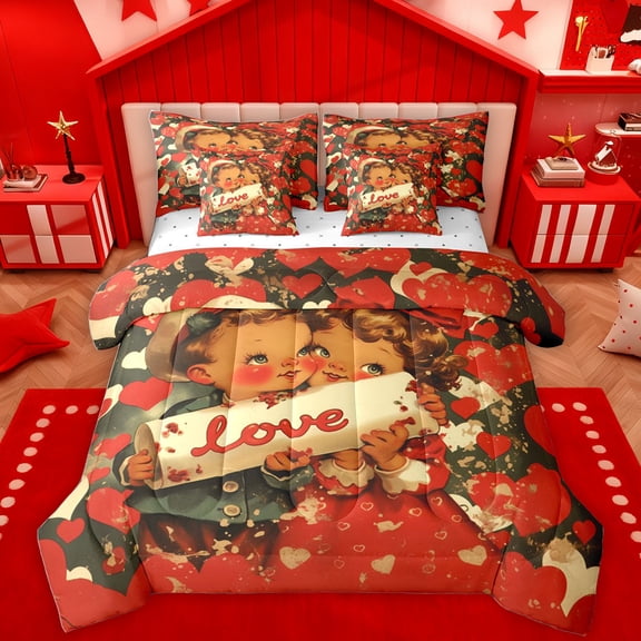 Homewish Romantic Calentinels Day 7 Pieces Bedding Comforter Set,Cute Loves Print Full Bedding Set,Green Beige Red Fitted Sheet Flat Sheet For Kids,Super Cozy Room Decor Reversible
