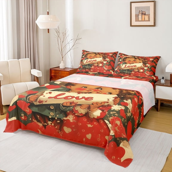 Homewish Romantic Valentine's Day King Sheet Set (4-Piece) Love Print Green Beige Red Decor For Kids
