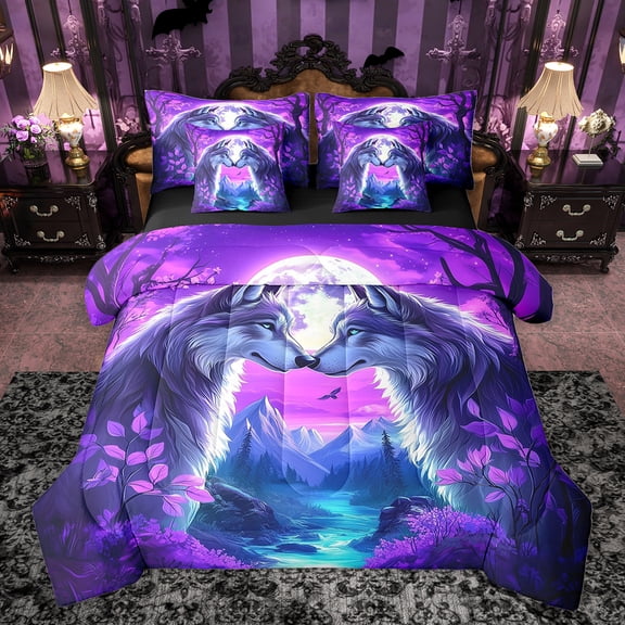 Homewish Romantic Couple Wolf Twin Bedding Sets 7-Piece for Teen, Mystic Purple Galaxy Moon Bedding Comforter Set, Cartoon Animal Reversible Sheet Sets, Ultra Soft Bedroom Decor