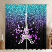 Homewish Romantic Eiffel Tower Black Out Curtains for Teens, Cyan Purple Stars Galaxy Curtains Pack of 2 (42x63 Each), Modern Fashion Bedroom Curtains, Window Curtains Bedroom Decor