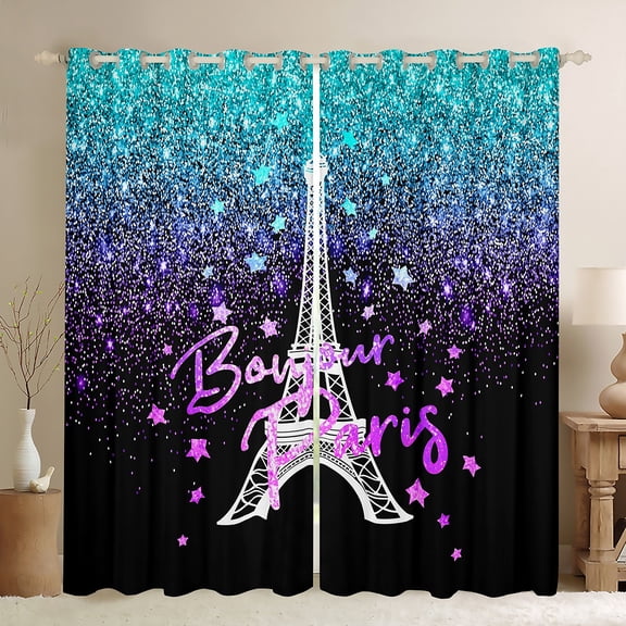 Homewish Romantic Eiffel Tower Black Out Curtains for Teens, Cyan Purple Stars Galaxy Curtains Pack of 2 (42x63 Each), Modern Fashion Bedroom Curtains, Window Curtains Bedroom Decor