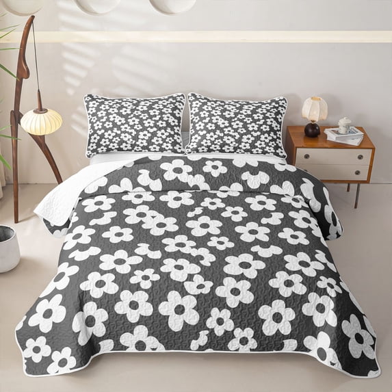 Homewish Romantic Flowers Quilt King,Watercolor Floral King Coverlet Set,Gray White,3pcs