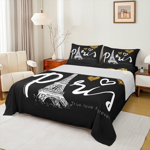 Homewish Romantic France Paris Bed Sheets,Eiffel Tower King Sheets,Cartoon Heart Print Sheet Set For Girls Kids,Super Cozy Room Decor,4 Pieces