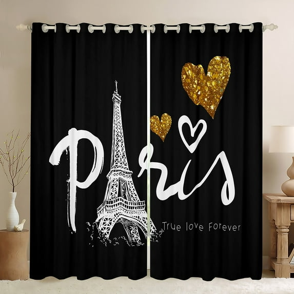 Homewish Romantic France Paris Black Out Curtains,Eiffel Tower Curtains Pack of 2 (42x63 Each),Cartoon Heart Print Bedroom Curtains For Girls Kids,Super Cozy Room Decor