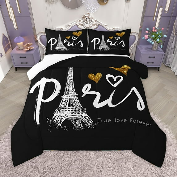 Homewish Romantic France Paris Full Size Comforter Sets,Eiffel Tower Bedding Comforter Set,Cartoon Heart Print Bedding Sets For Girls Kids,Super Cozy Room Decor,3pcs