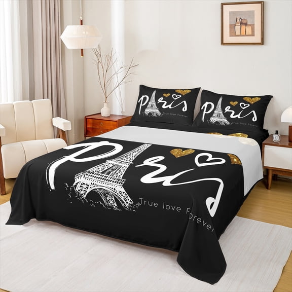 Homewish Romantic France Paris Full Sheet Set, Eiffel Tower Cartoon Heart Print, 4-Piece