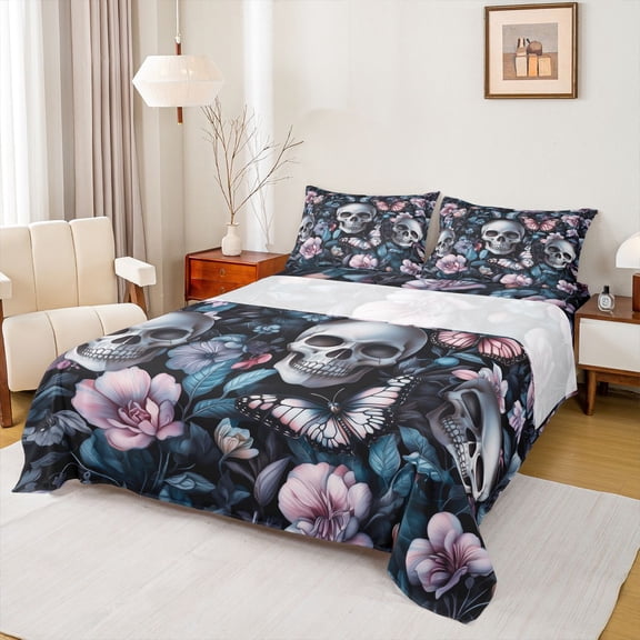 Homewish Romantic Gothic Skull Twin Sheet Sets for Couple, Vintage Butterfly Floral Twin Fitted Sheet, Happy Valentine's Day Flat Sheet, Microfiber Bedroom Decor, 3 Pieces
