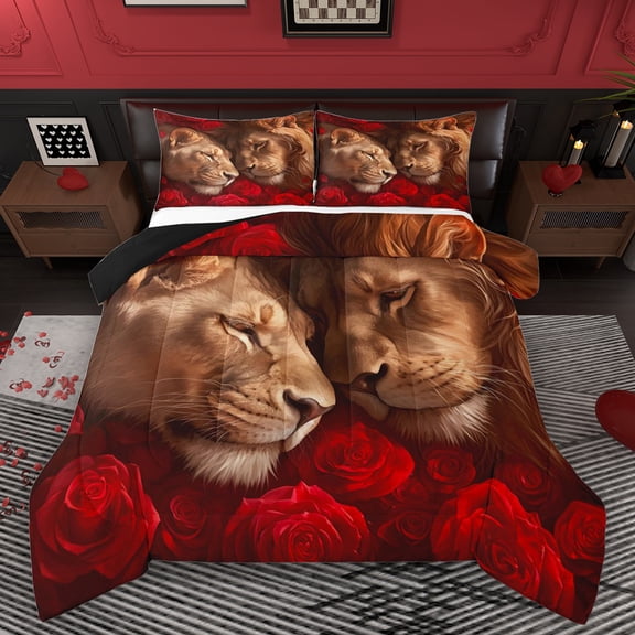 Homewish Romantic Lion Animal Queen Comforter Set, Red Rose Flower Bedding Sets, Couple Valentine's Day Reversible Bedding Comforter Set, Lightweight Room Decor, 3pcs