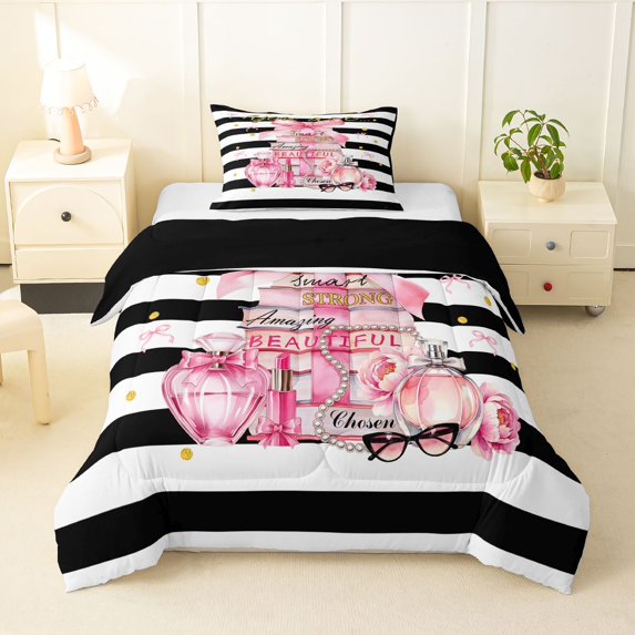 Homewish Romantic Lipstick Perfume Gift Twin Comforter Sets,Chic Bowknot Bedding Set,Pink,Black Reversible,2-Piece,1 Comforter and 1 Pillowcase