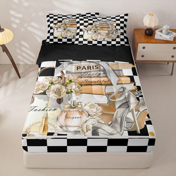 Homewish Romantic Lipstick Perfume Zipper Twin Comforter Sets with Fitted Sheet and 2 Pillowcases,Fashion High Heels Zipper Bedding Set,Cream,Black Reversible,4pcs