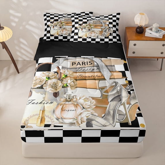 Homewish Romantic Lipstick Perfume Zipper Twin Comforter Sets with Fitted Sheet and 2 Pillowcases,Fashion High Heels Zipper Bedding Set,Cream,Black Reversible,4pcs
