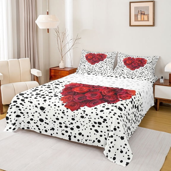 Homewish Romantic Love Heart Queen Sheet Sets, Red Rose Floral Flat Sheet, Fashion Polkadots Abstract Queen Fitted Sheet, Microfiber Bedroom Decor, 4-Piece