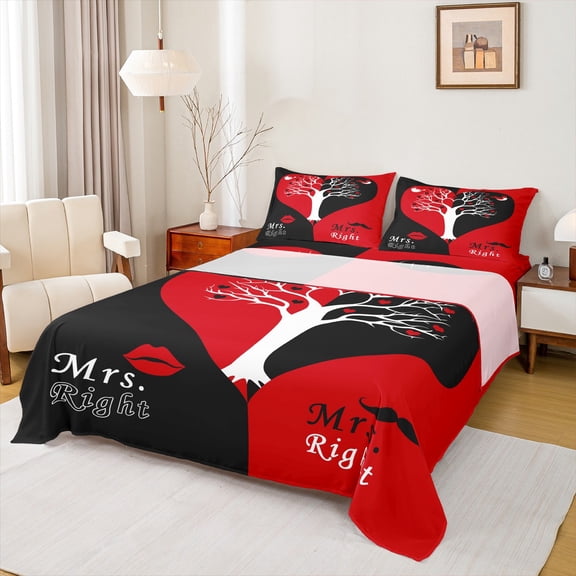 Homewish Romantic Love Tree Twin Sheet Sets for Couple, Black Red Love Heart Twin Fitted Sheet, Valentines Day Flat Sheet, Ultra Soft Bedroom Decor, 3-Piece