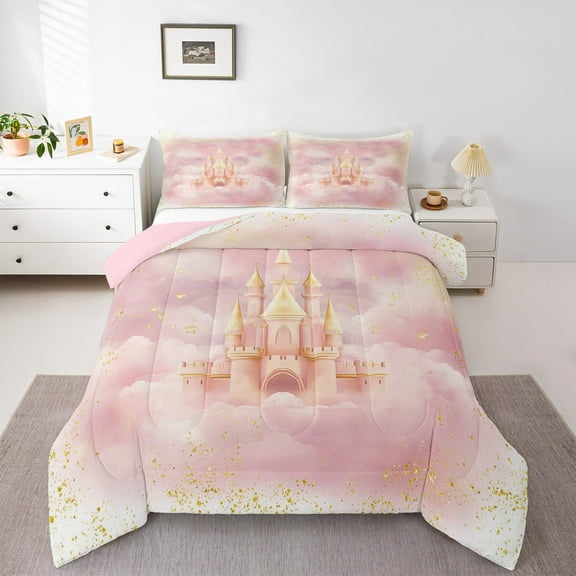 Homewish Romantic Pink Castle Queen Comforter Set for Girls, Dreamy Princess Bedding Sets, Fairy Tale Theme Reversible Bedding Comforter Set, Microfiber Bedroom Decor, 3-Piece