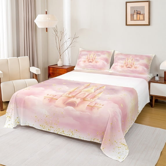 Homewish Romantic Pink Castle Queen Sheet Sets for Girls, Dreamy Princess Flat Sheet, Fairy Tale Theme Queen Fitted Sheet, Microfiber Bedroom Decor, 4-Piece