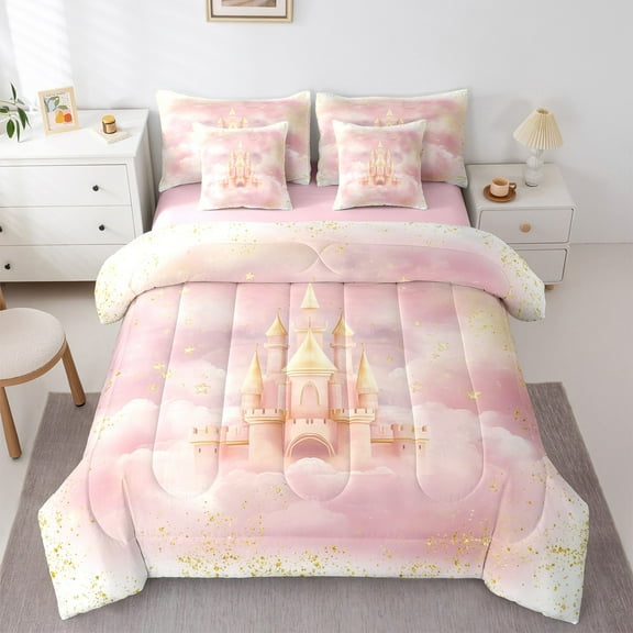 Homewish Romantic Pink Castle Twin Bedding Sets 7-Piece for Girls, Dreamy Princess Bedding Comforter Set, Fairy Tale Theme Reversible Sheet Sets, Microfiber Bedroom Decor
