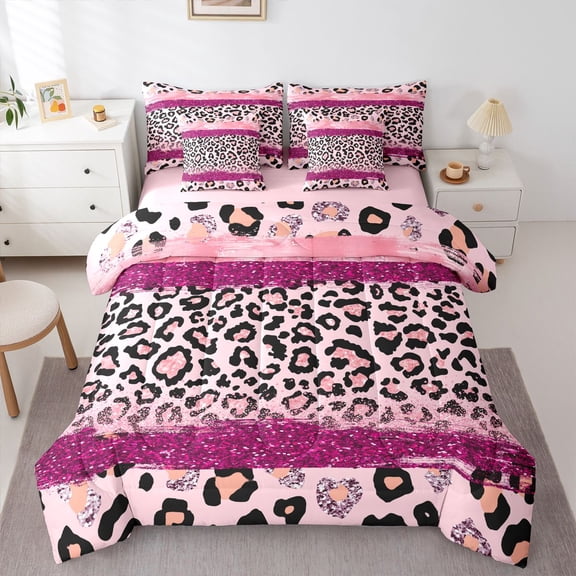 Homewish Romantic Pink Fashion Bedding Comforter Set 7pcs, Glitter Sequin Print Queen Bedding Sets, Teens Kids Girls Women Reversible Queen Sheet Sets, Microfiber Bedroom Decor
