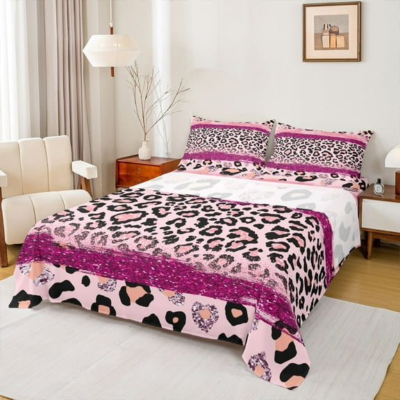 Homewish Romantic Pink Fashion Twin Sheet Sets, Glitter Sequin Print Twin Fitted Sheet, Teens Kids Girls Women Flat Sheet, Microfiber Bedroom Decor, 3 Pieces