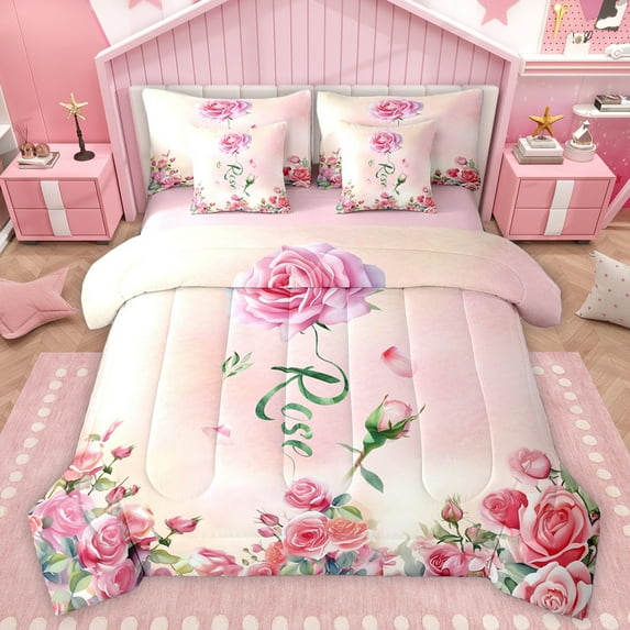 Homewish Romantic Pink Rose 7pcs Bedding Comforter Set,Happy Velantine'S Day Queen Bedding Sets,Country Flower Floral Queen Sheet Sets For Girls,Luxury Bedroom Decor Reversible