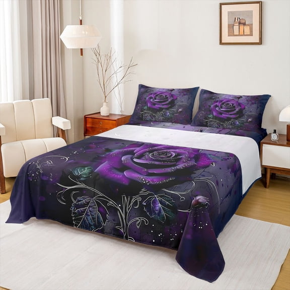 Homewish Romantic Purple Rose Bed Sheets, Fashion Anniversary King Sheets, Floral Flower Sheet Set, Ultra Soft Bedroom Decor, 4 Pieces