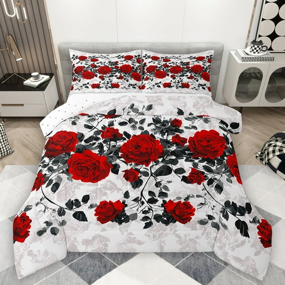 Homewish Romantic Red Rose Bedding Comforter Set for Lover, Couple Valentine's Day Twin Comforter Sets, Flower Floral Reversible Bedding Set, Ultra Soft Bedroom Decor, 2-Piece