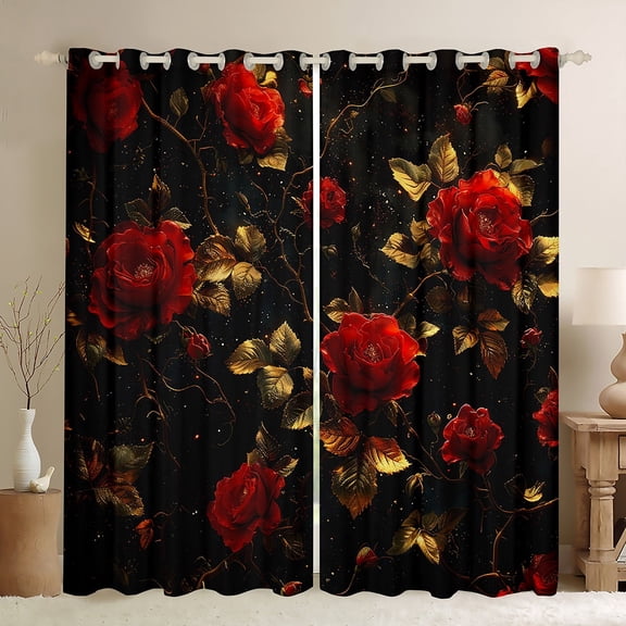 Homewish Romantic Red Rose Blackout Curtains Set of 2 (52x84 Each) for Women, Anniversary Flower Floral Window Curtains, Mystic Galaxy Curtains and Drapes, Living Room Curtains Decor